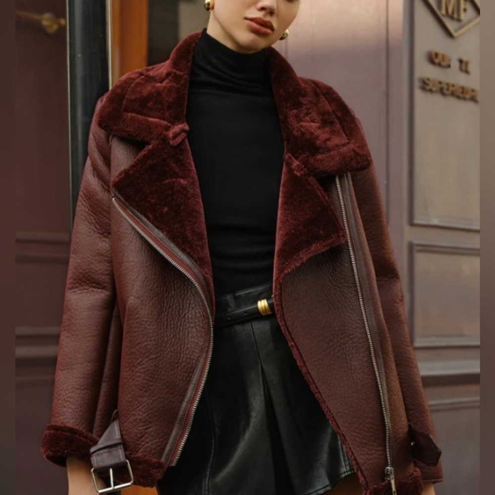 Commense Longline Faux Leather Shearling Moto Aviator Bomber Jacket S NWT - Picture 2 of 5